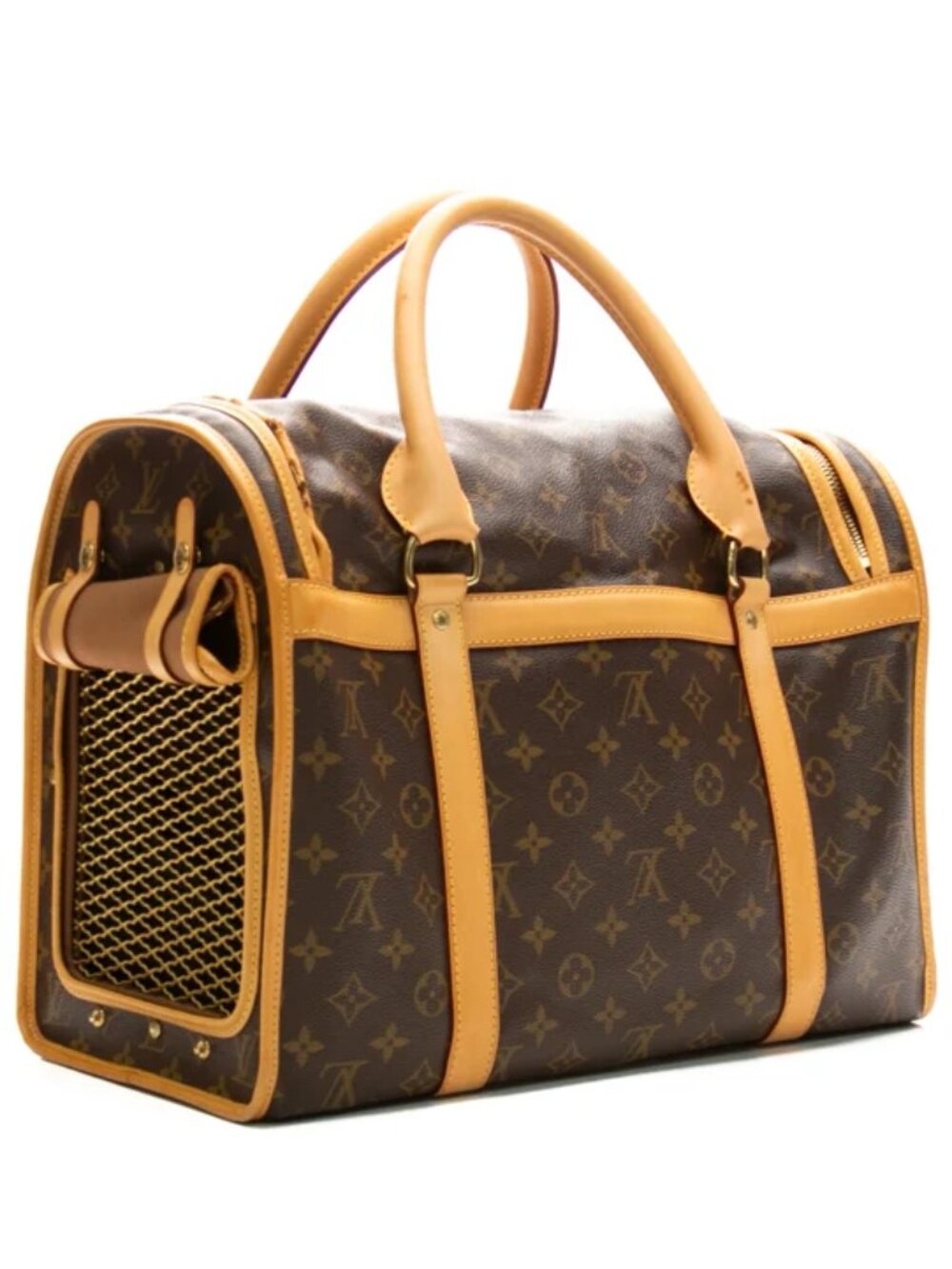 LOUIS VUITTON Sac Chien Monogram Pet Carrier Handbag Leather Mesh Window GP2021